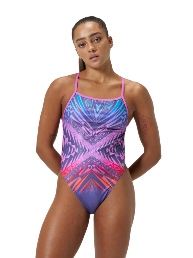 Цял бански за жени Speedо club training printed V back pink / blue