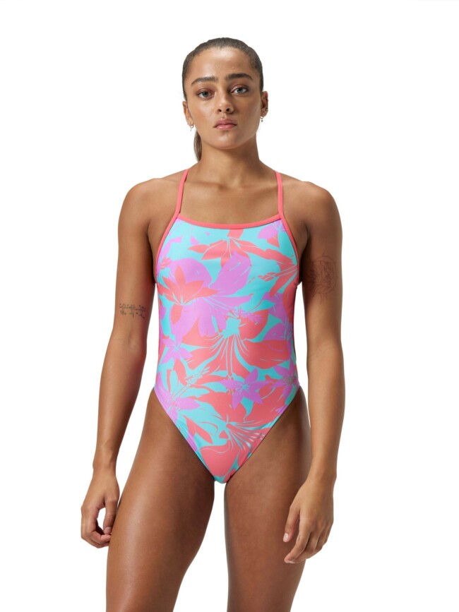 Цял бански за жени Speedо club training printed V back pink / green